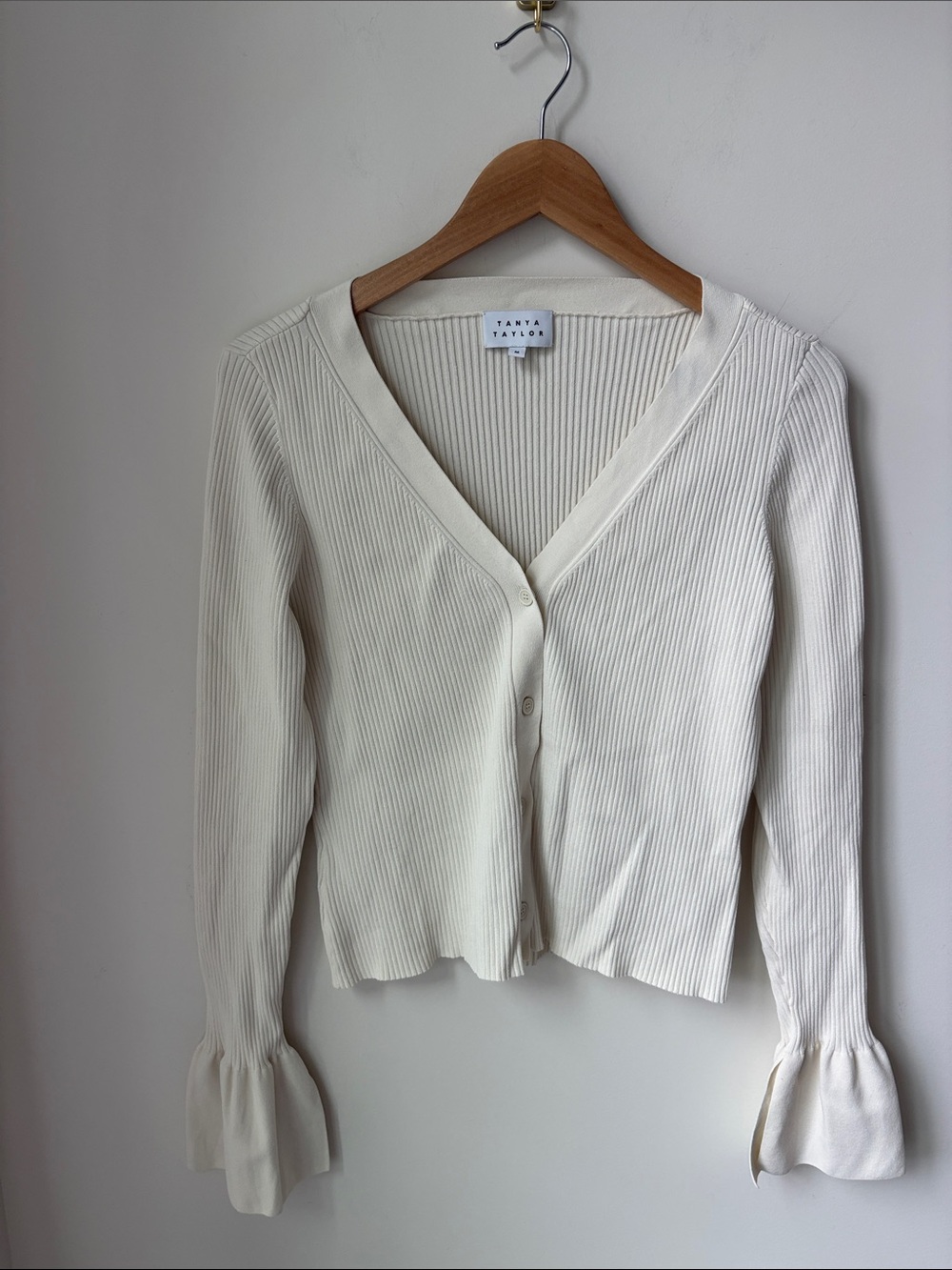 Tanya Taylor Ribbed Bell Cuff Cardigan Cream V Neck Stretch Neutral Boho Size M